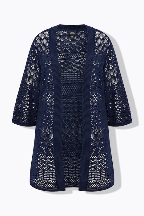 Cardigan long, coupe ouverte et maille ajourée, manches 3/4