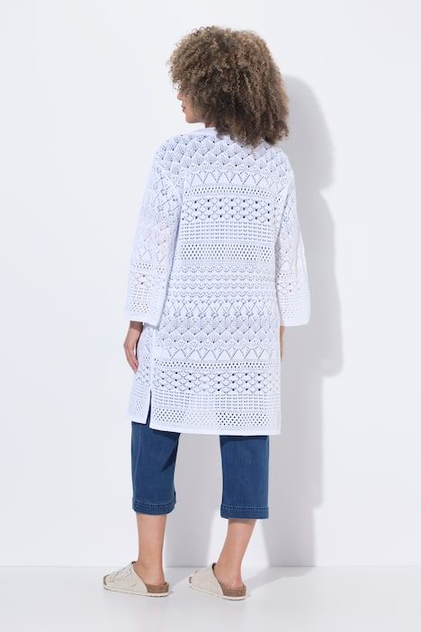 Cardigan long, coupe ouverte et maille ajourée, manches 3/4