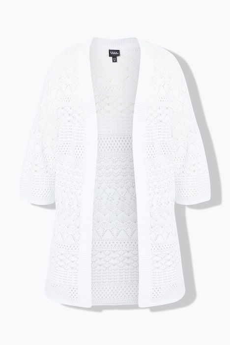 Cardigan long, coupe ouverte et maille ajourée, manches 3/4