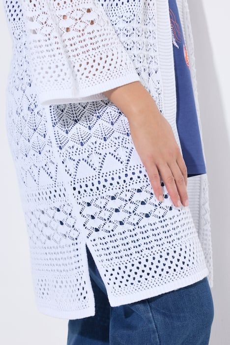 Cardigan long, coupe ouverte et maille ajourée, manches 3/4