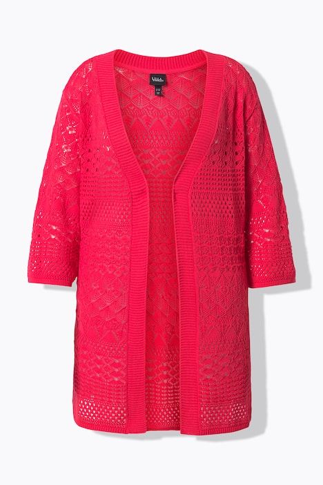 Cardigan long, coupe ouverte et maille ajourée, manches 3/4