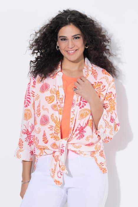 Chemisier en lin mélangé, col chemise et manches 3/4