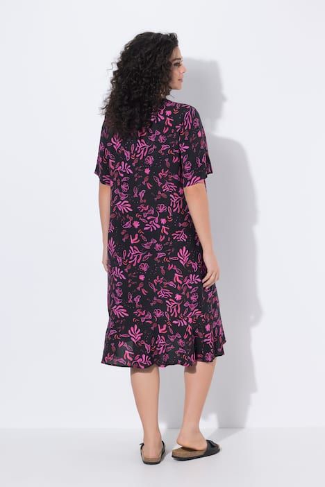 Robe midi motif créatures marines, manches cloche et col tunisien