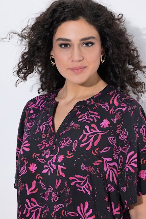 Robe midi motif créatures marines, manches cloche et col tunisien