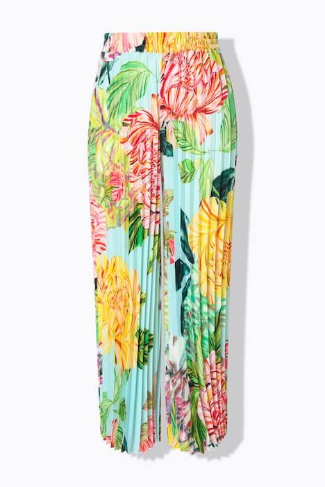 Pantalon plissé, motif floral, jambe large et taille élastique