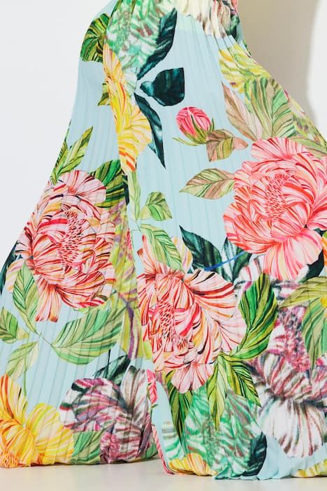 Pantalon plissé, motif floral, jambe large et taille élastique