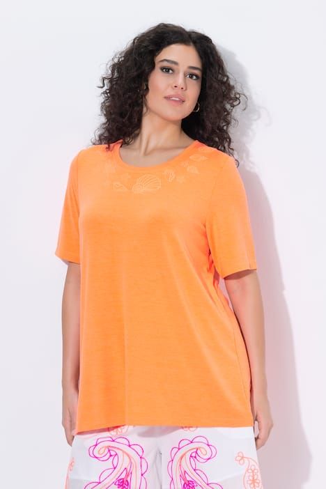 T-shirt brodé, décolleté rond et manches courtes, coupe évasée
