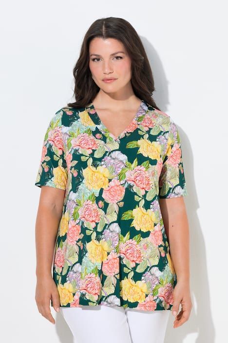 T-shirt au tombé fluide, motif à fleurs, décolleté en V et manches courtes, coupe évasée