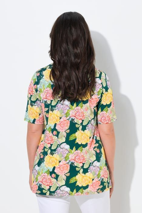 T-shirt au tombé fluide, motif à fleurs, décolleté en V et manches courtes, coupe évasée