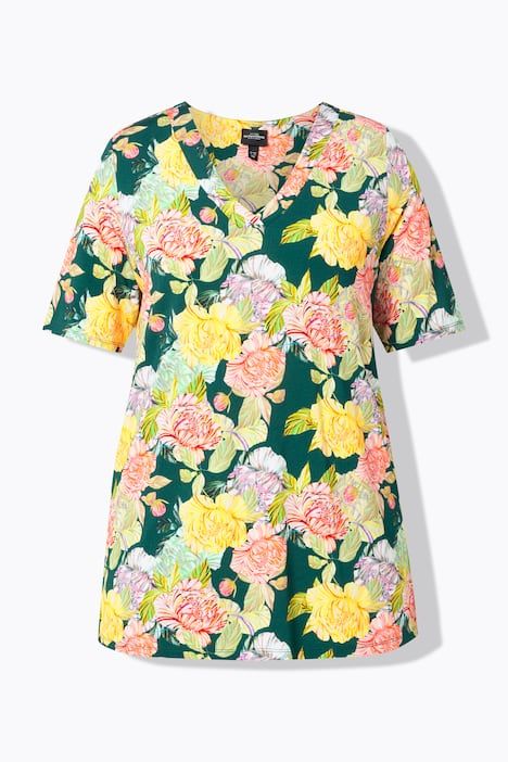 T-shirt au tombé fluide, motif à fleurs, décolleté en V et manches courtes, coupe évasée