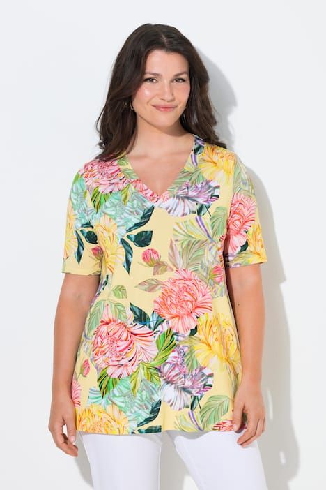 T-shirt au tombé fluide, motif à fleurs, décolleté en V et manches courtes, coupe évasée