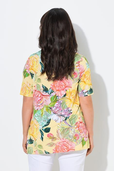 T-shirt au tombé fluide, motif à fleurs, décolleté en V et manches courtes, coupe évasée