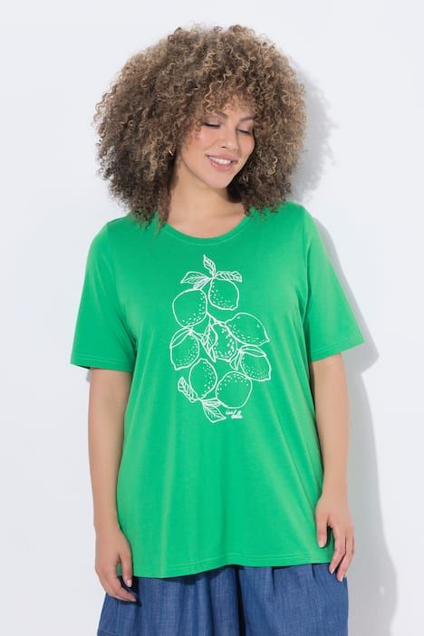 T-shirt en modal mélangé, motif citrons, décolleté rond et manches courtes, coupe évasée