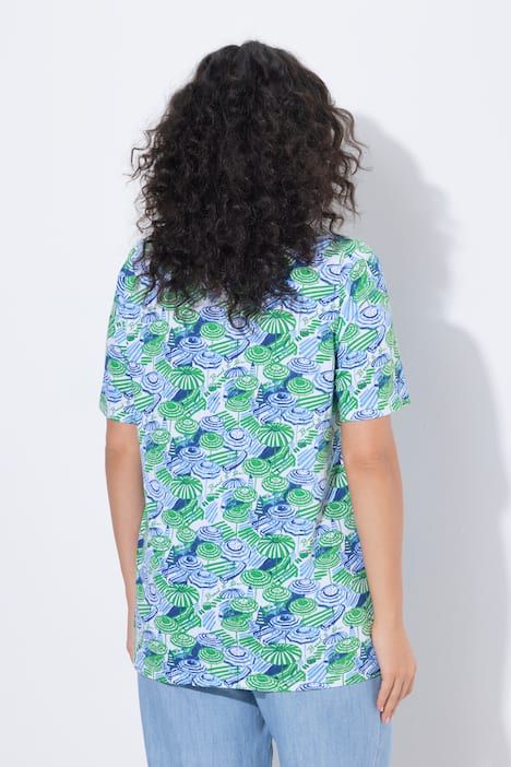 T-shirt motif parasols, plis fantaisie, décolleté rond et manches courtes, coupe évasée