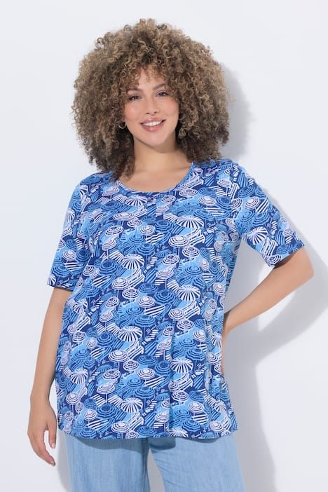 T-shirt motif parasols, plis fantaisie, décolleté rond et manches courtes, coupe évasée