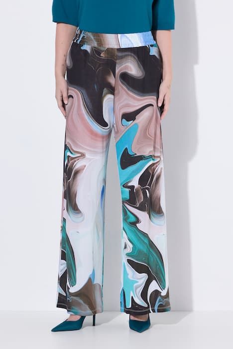 Pantalon au tombé fluide, motif marbré, jambe large et taille élastique
