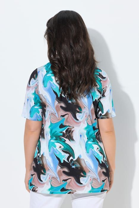 T-shirt au tombé fluide, imprimé marbré, décolleté cœur et manches courtes