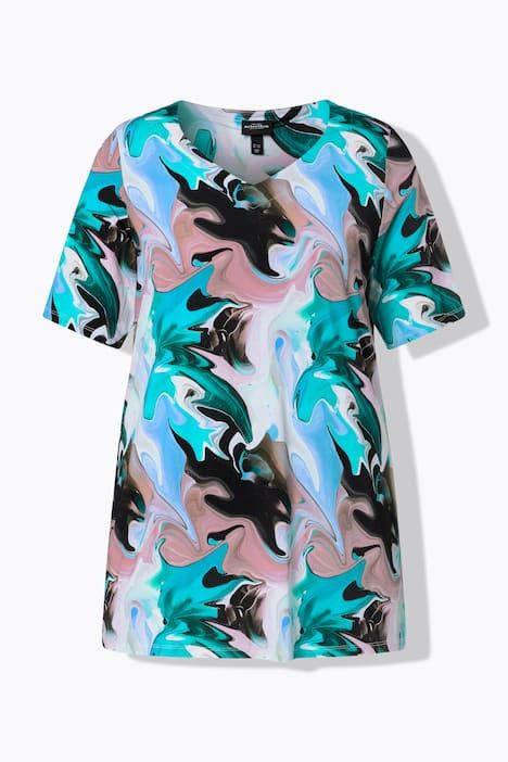 T-shirt au tombé fluide, imprimé marbré, décolleté cœur et manches courtes