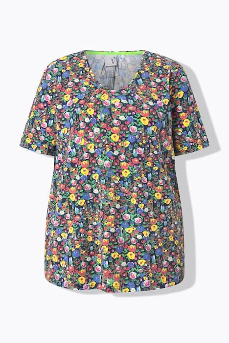 T-shirt motif floral, coupe évasée, décolleté en V et manches courtes