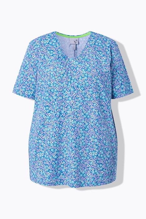 T-shirt motif floral, coupe évasée, décolleté en V et manches courtes