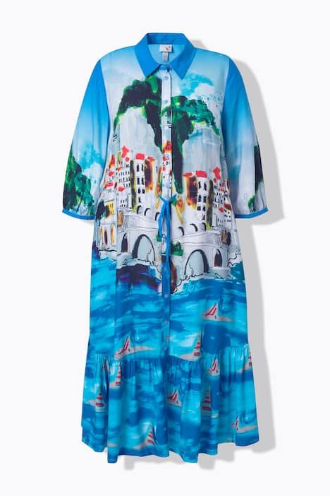 Robe midi motif vacances, manches 3/4 et col chemise, coupe évasée