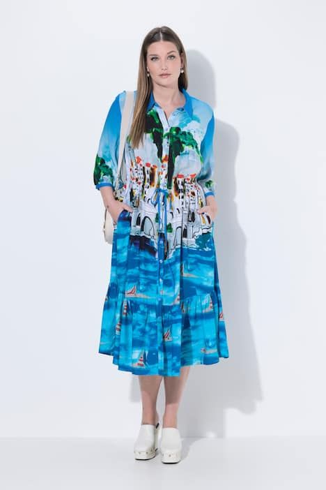 Robe midi motif vacances, manches 3/4 et col chemise, coupe évasée