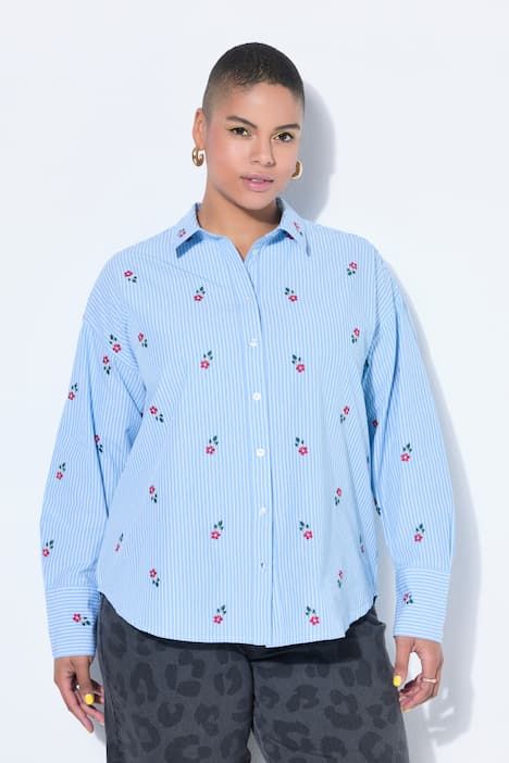 Chemise à rayures oversize, motif floral brodé