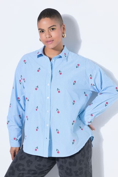 Chemise à rayures oversize, motif floral brodé
