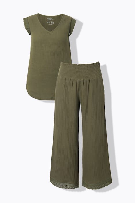 Pyjama en mousseline, 2 pièces, décolleté en V et manches très courtes avec broderies ajourées