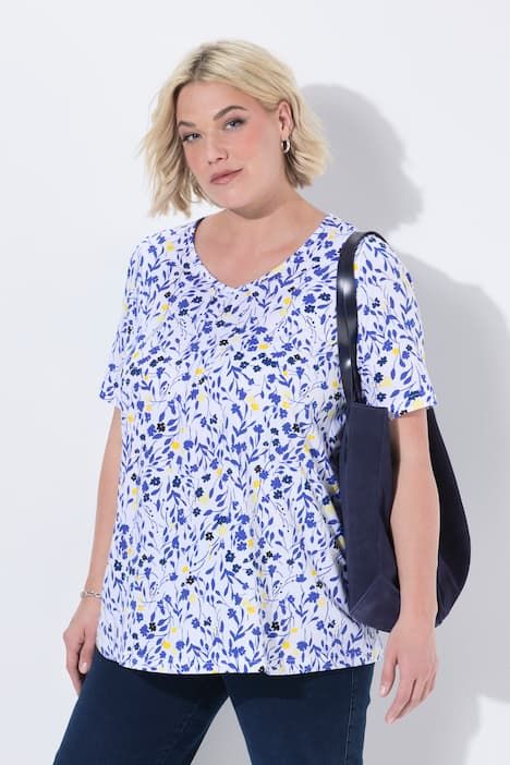 T-shirt motif floral et plis fantaisie, décolleté en V et manches courtes