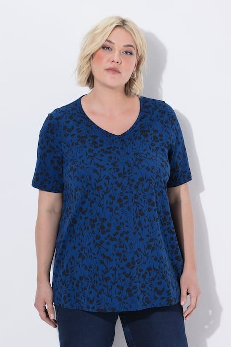 T-shirt motif floral et plis fantaisie, décolleté en V et manches courtes