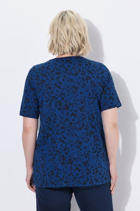 T-shirt motif floral et plis fantaisie, décolleté en V et manches courtes