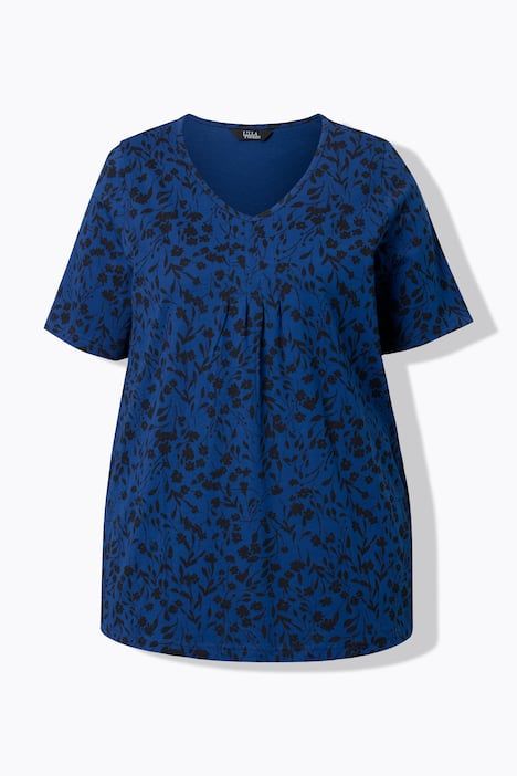 T-shirt motif floral et plis fantaisie, décolleté en V et manches courtes