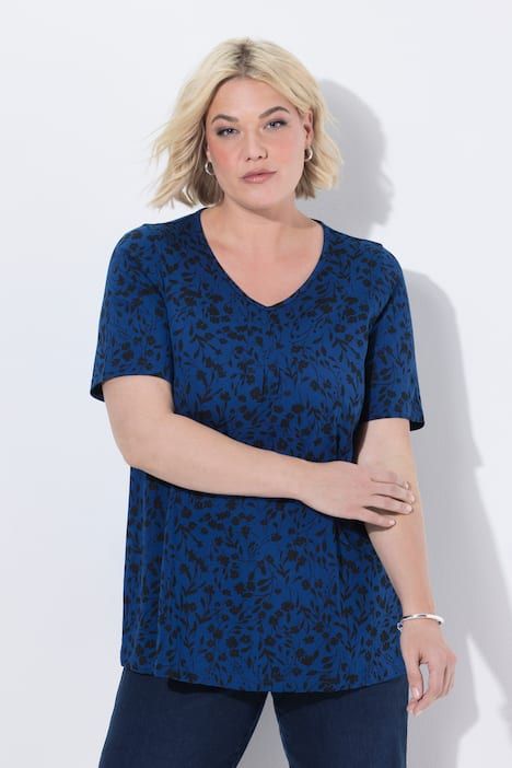 T-shirt motif floral et plis fantaisie, décolleté en V et manches courtes