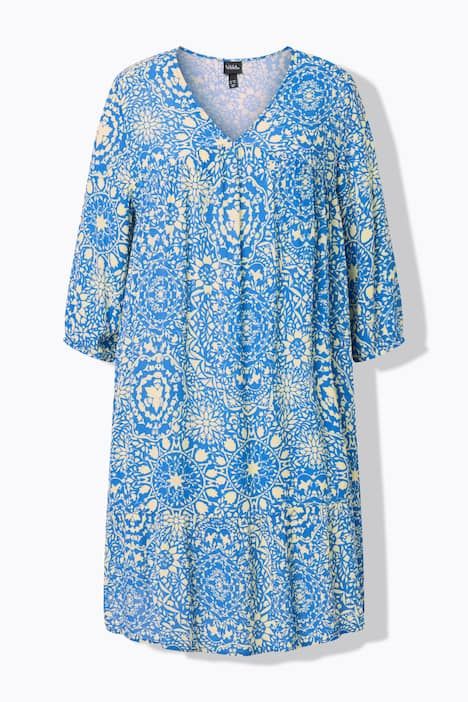 Robe coupe évasée, motif mosaïque, décolleté en V et manches 3/4