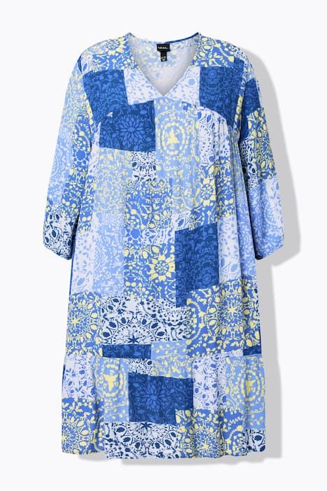 Robe coupe évasée, motif mosaïque, décolleté en V et manches 3/4