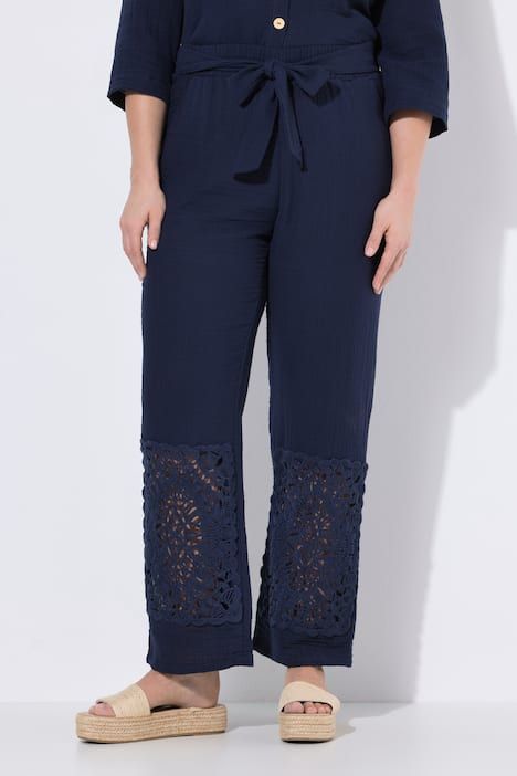 Pantalon en mousseline de coton bio, bas de jambe en croche, jambe large