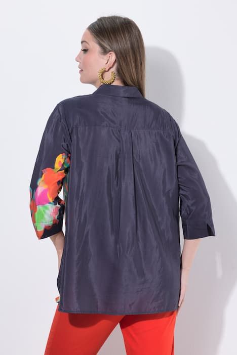 Chemisier motif à fleurs, col chemise et manches 3/4, coupe évasée