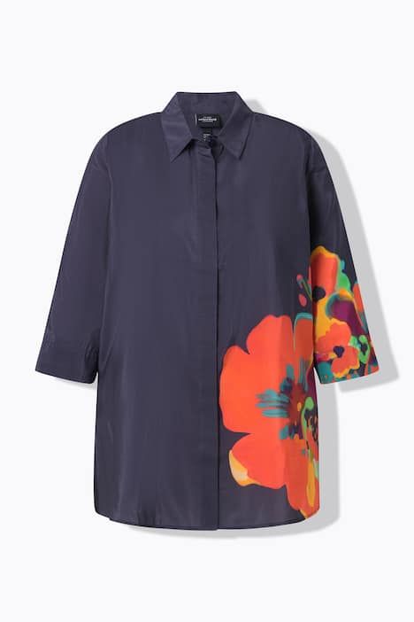 Chemisier motif à fleurs, col chemise et manches 3/4, coupe évasée