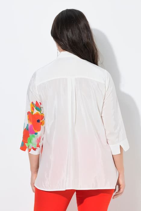 Chemisier motif à fleurs, col chemise et manches 3/4, coupe évasée