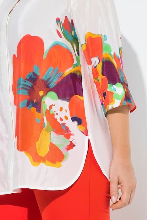 Chemisier motif à fleurs, col chemise et manches 3/4, coupe évasée