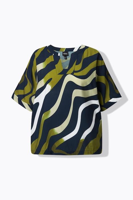 Blouse-tunique oversize, motif vagues, col rond/encolure carrée