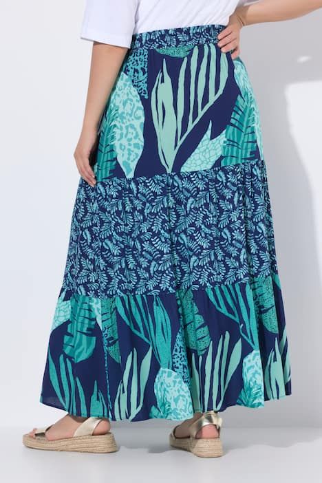 Jupe maxi motif feuilles, taille élastique et volants, coupe évasée