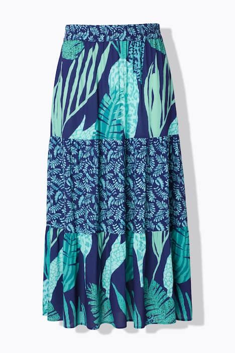 Jupe maxi motif feuilles, taille élastique et volants, coupe évasée