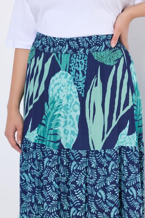 Jupe maxi motif feuilles, taille élastique et volants, coupe évasée
