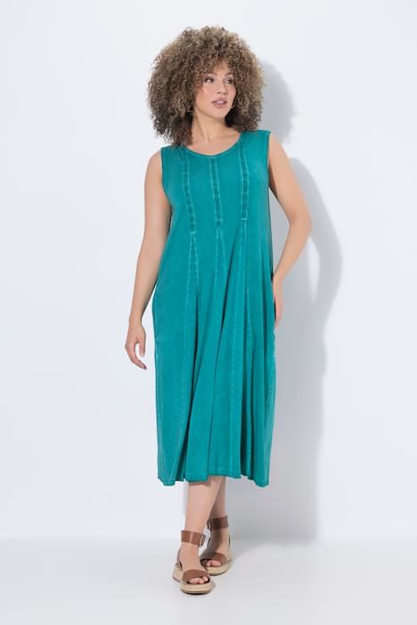 Robe midi sans manches, bandes fantaisie et plis godets, décolleté en V