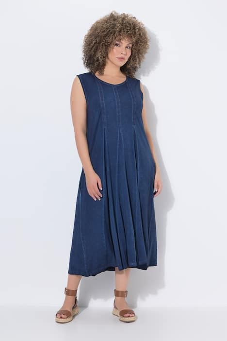 Robe midi sans manches, bandes fantaisie et plis godets, décolleté en V