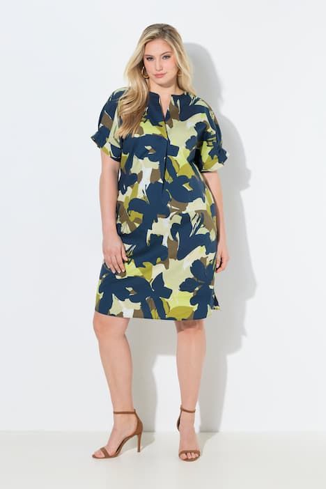 Robe imprimé abstrait, manches courtes et col tunisien