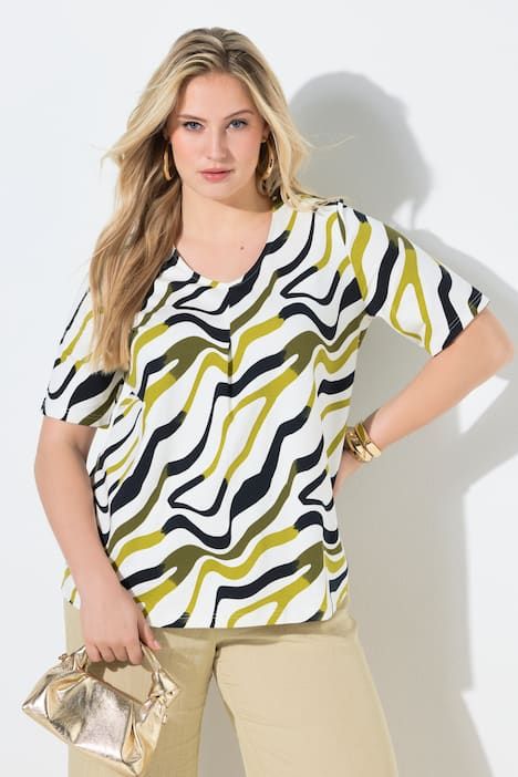 Blouse motif vagues, coupe évasée, décolleté en V et manches courtes
