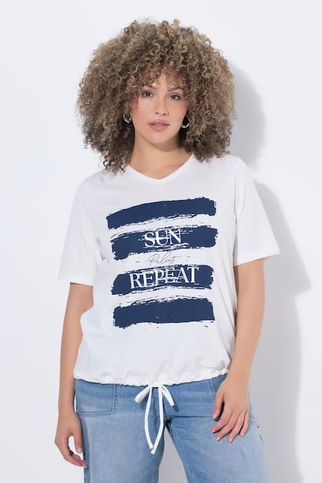 T-shirt avec message, décolleté en V et manches courtes, cordon sous tunnel